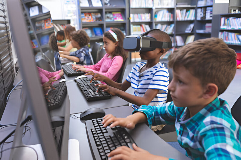 Children immersed in personalized learning experiences using computers and VR technology, powered by LLMs for adaptive, interactive education